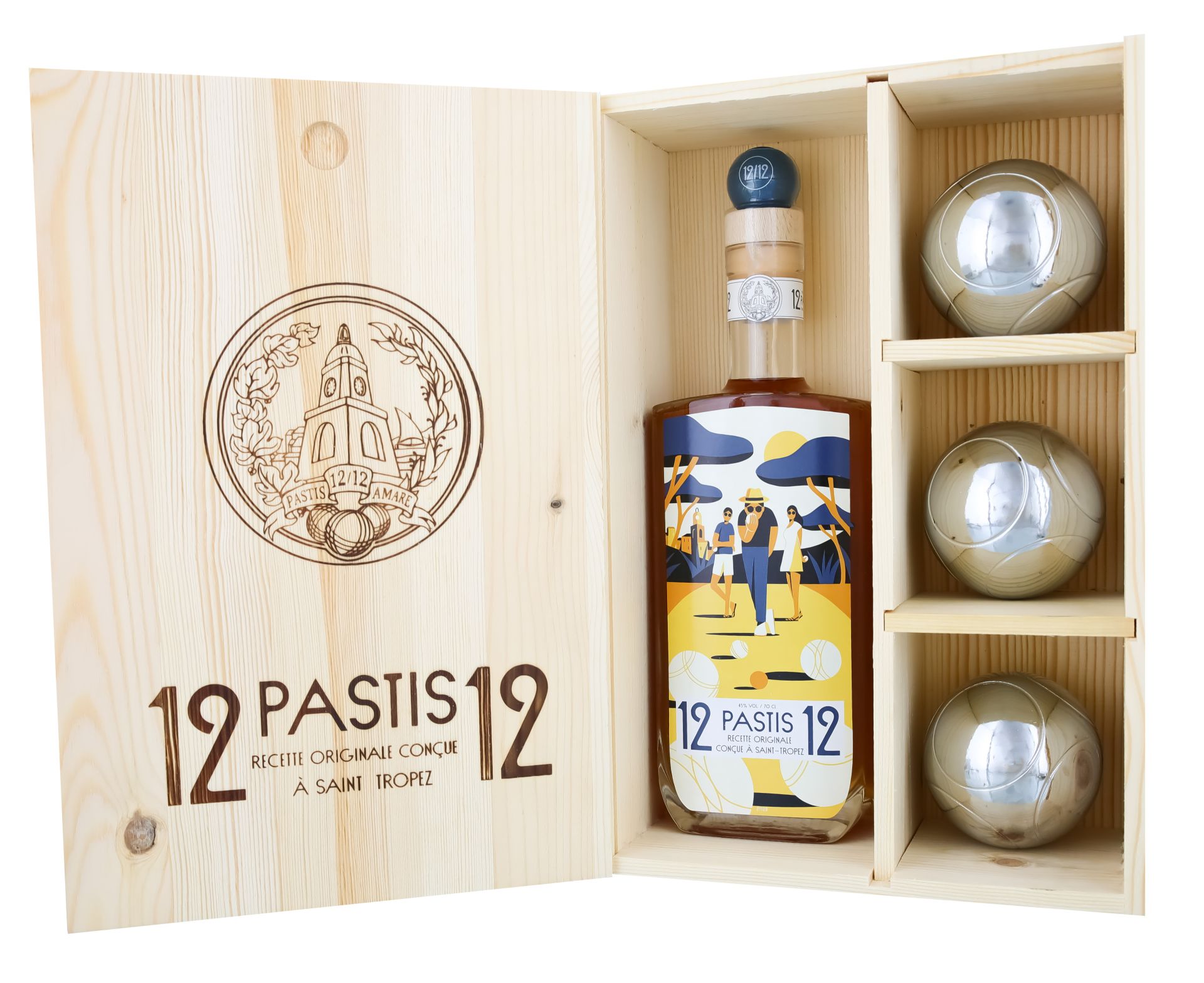 12/12 Pastis de Saint Tropez Set Petanque Wooden Box 45% vol. 0,7l