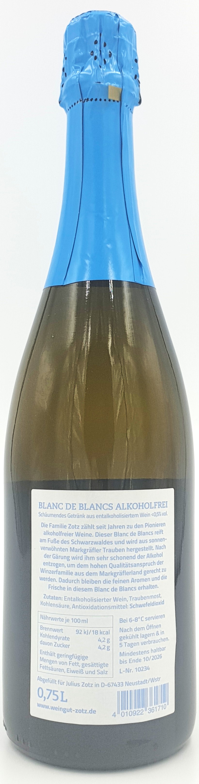 Julius Zotz Sekt Blanc de Blanc Alkoholfrei Markgräflerland Baden 0,75l