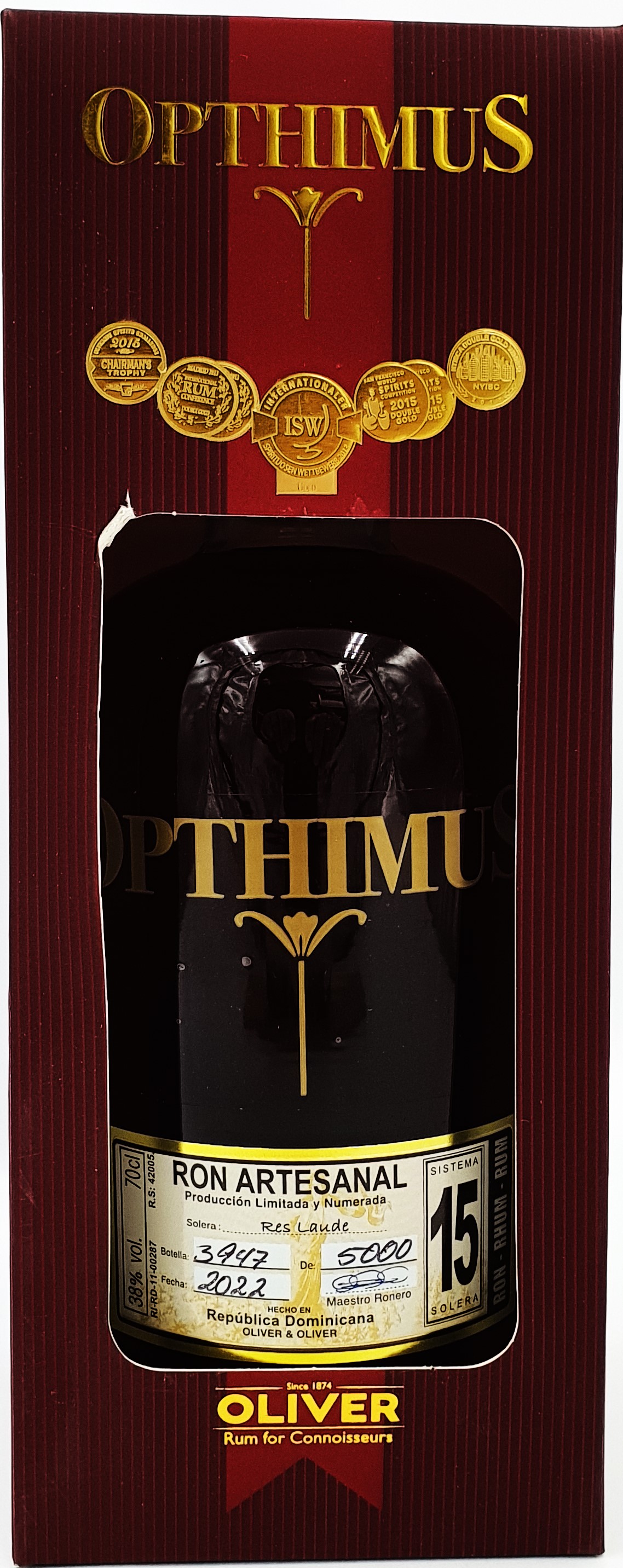 Opthimus 15 Jahre Res Laude 38% vol. Rum der Dominikanischen Republik 0,7 l