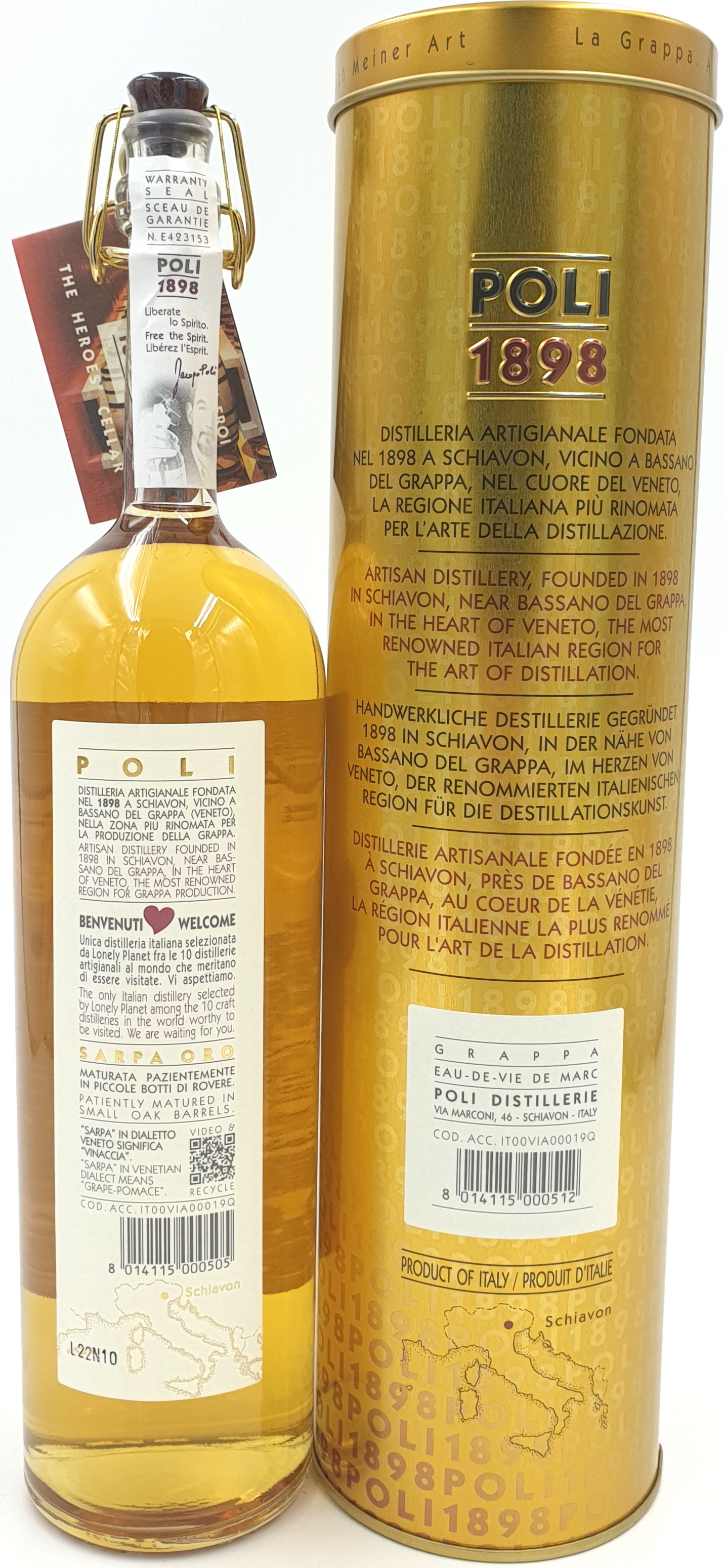 Jacobo Poli Grappa "Sarpa di Barrique Oro di Poli" in Geschenkröhre 40% vol. 0,7l