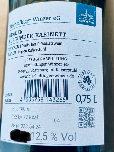 Winzer Bischoffingen "Handwerkskunst" Grauer Burgunder Kabinett trocken Kaiserstuhl Baden 0,75 l