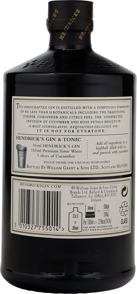 Hendrick´s Gin 44% vol. Distilled & Bottled in Scotland 0,7 l